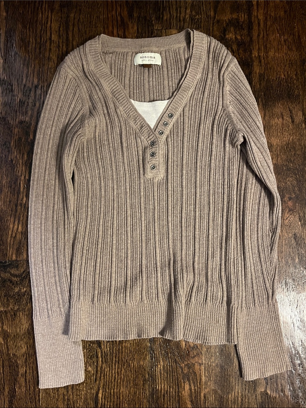 Beige Ribbed Button Up Henley Fall Top 2000s Size Medium